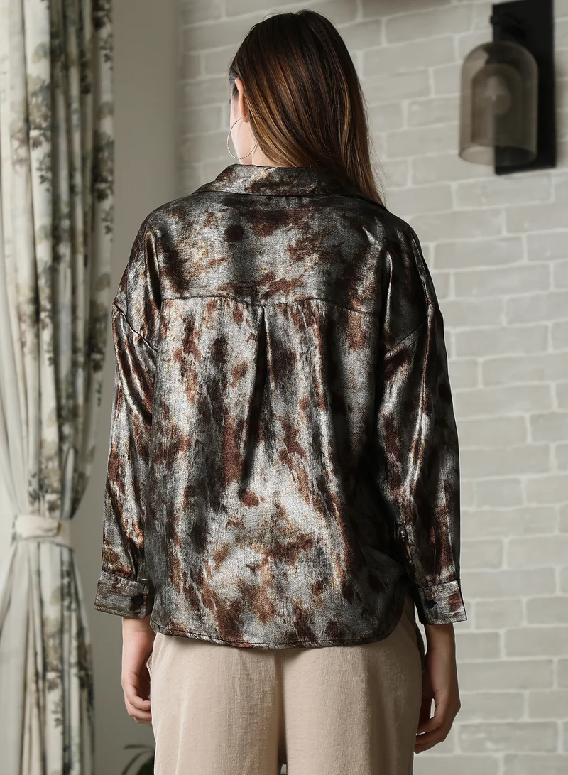 Pinacolada  Women's Brown & Grey Metallic-Pigment Shirt For Casual Wear | Spread Collar | Long Cuffed Sleeves | Button Closure | Oversized Shirt Designed With Comfortable Fit For Woman & Girls for Women | Best Price UAE